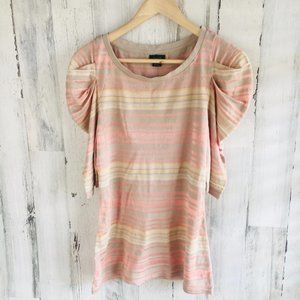 NWOT Anthropologie Deletta Puff Sleeve T Shirt Shimmer Stripe Knit Top Blush